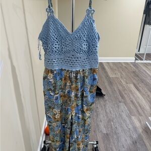 Blue Crochet Top Floral Jumpsuit